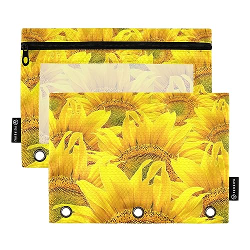 MCHIVER Sonnenblumen-Federmäppchen für 3-Ringbuch-Bleistiftbeutel mit Reißverschlüssen, durchsichtiges Fenster, Bindertaschen, Bleistifttaschen für den täglichen Organizer, Büroarbeit, 2 Packungen von MCHIVER