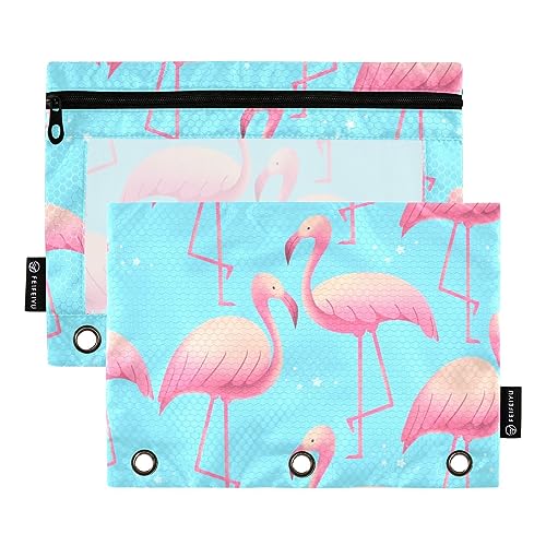 MCHIVER Summer Flamingo Federmäppchen für 3-Ringbuch-Bleistiftbeutel mit Reißverschlüssen, durchsichtiges Fenster, Bindertaschen, Bleistifttaschen für den täglichen Organizer, Büroarbeit, 2 Packungen von MCHIVER