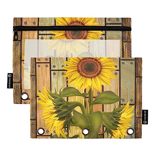 MCHIVER Sunflowers Federmäppchen für 3-Ringbuch-Bleistiftbeutel mit Reißverschlüssen, durchsichtiges Fenster, Bindertaschen, Bleistifttaschen für Erwachsene, Arbeit, Alltag, Büro, 2 Packungen von MCHIVER