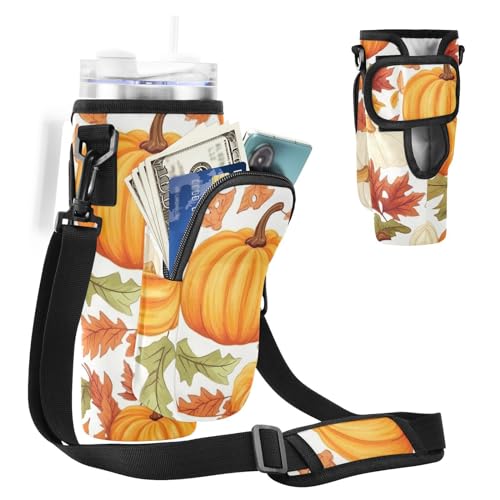 MCHIVER Thanksgiving-Kürbis-Wasserflaschenhalter mit Handytaschen für 1,2 l Becher mit Griff, Wasserflaschen-Tragetaschen für Fitnessstudio, Wandern, Thanksgiving-Kürbisse, Einheitsgröße von MCHIVER