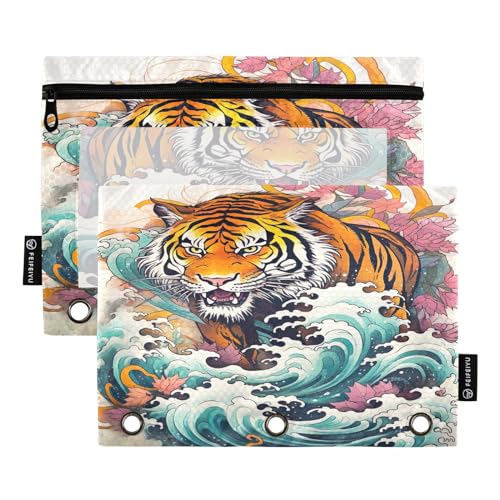 MCHIVER Tiger Ocean Wave Federmäppchen für 3-Ringbinder, Bleistiftbeutel mit Reißverschlüssen, transparentes Fenster, Bindertaschen, Bleistiftbeutel für Organizer, Büro, Arbeit, Alltag, 2 Packungen von MCHIVER