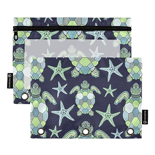 MCHIVER Turtles Seastars Federmäppchen für 3-Ringbuch-Bleistiftbeutel mit Reißverschlüssen, durchsichtiges Fenster, Bindertaschen, Bleistiftbeutel für Büro, Arbeit, Alltag, Organizer, 2 Packungen von MCHIVER