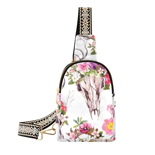 MCHIVER Umhängetasche mit Hirschschäden, Blumen, Traumfänger, Umhängetasche für Damen und Herren, Leder, Brusttasche, Geldbörse, verstellbar, Cross-Body-Tagesrucksack für Radfahren, Laufen, Wandern, von MCHIVER