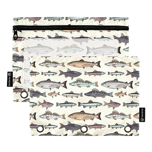 MCHIVER Vintage Fishes Federmäppchen für 3-Ringbuch-Bleistiftbeutel mit Reißverschlüssen, durchsichtiges Fenster, Bindertaschen, Bleistifttaschen für Arbeit, Büro, Alltag, 2 Packungen von MCHIVER