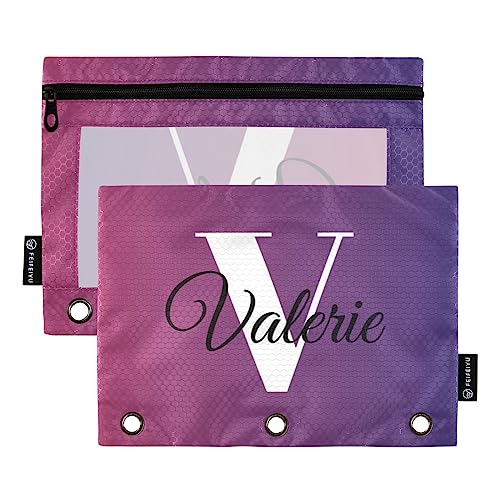 MCHIVER Violett-blauer Farbverlauf, personalisiertes Federmäppchen für 3-Ringbücher, personalisierbar mit Reißverschluss, transparentes Fenster, Bindertaschen, Bleistifttaschen für Büro, tägliche von MCHIVER