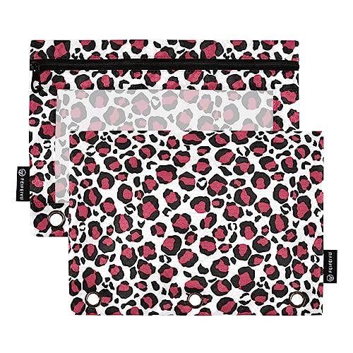 MCHIVER Viva Magenta Leopard Federmäppchen für 3-Ringbuch-Bleistiftbeutel mit Reißverschlüssen, durchsichtiges Fenster, Bindertaschen für Arbeit, Büro, Alltag, Organizer, 2 Packungen von MCHIVER