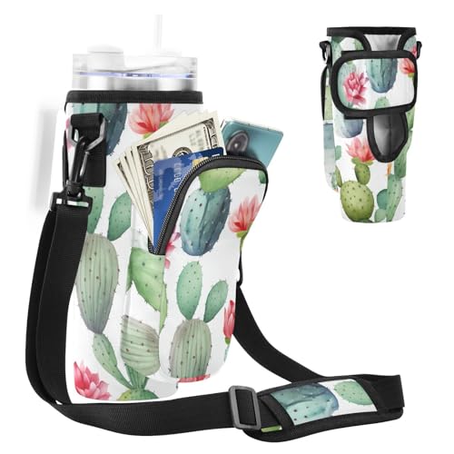 MCHIVER Wasserflaschenhalter mit Handytaschen für 1,2 l Becher mit Griff, Wasserflasche mit Gurt, für Wandern, Spazierengehen, Kaktusblumen, Einheitsgröße von MCHIVER