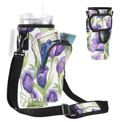 MCHIVER Wasserflaschenhalter mit Handytaschen für 1,2 l Becher mit Griff, für Wasserflaschen-Tragetasche, Umhängetasche, Motiv: Blumen, lila Tulpen und Blätter, für Damen und Herren, Blumen, violette von MCHIVER