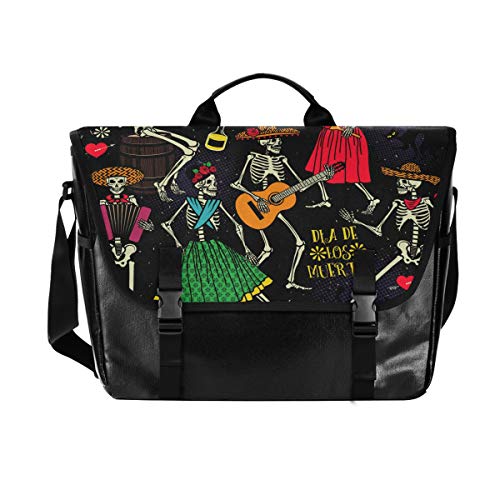 Messenger Bag Tanzende Skelette Tag der Toten Dia Los Muertos Wasserdichte Leder Computer Laptop Tasche 15,6 Zoll Aktentasche Schultertasche mit gepolstertem verstellbarem Schultergurt von MCHIVER