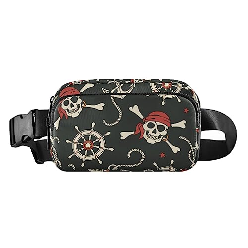 Nautical Anchors Wavy Fanny Pack for Women Men Crossbody Belt Bag Fashion Waist Packs Purse with Adjustable Strap Hip Bag for Workout Travel Outdoors, Piratenschädel Anker, Large von MCHIVER