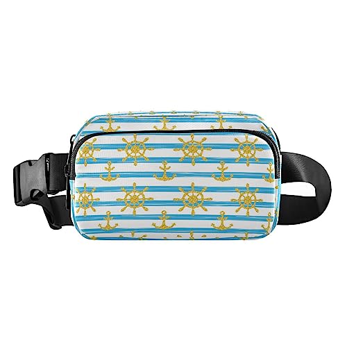 Nautical Anchors Wavy Fanny Pack for Women Men Crossbody Belt Bag Fashion Waist Packs Purse with Adjustable Strap Hip Bag for Workout Travel Outdoors, Goldene Anker Schiffsräder, Large von MCHIVER