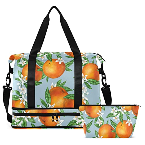 Orange Fruits Leaves Flowers Reise Duffel Bag for Women Men Gym Bag with Shoe Compartment Wet Pocket Carry On Weekender Overnight Bags for Krankenhaus Gym Travel, Mehrfarbig, Large von MCHIVER