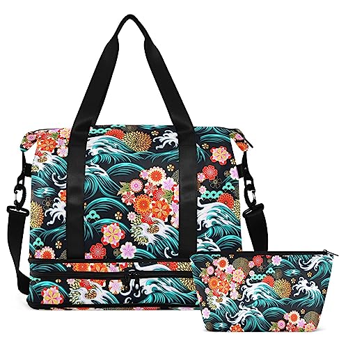 Orientalische Meerblumen-Reisetasche für Damen und Herren, Sporttasche mit Schuhfach, Nassfach, Handgepäck, Wochenend-Übernachtungstaschen für Reisen, Fitnessstudio, Workout, Mehrfarbig, Large von MCHIVER