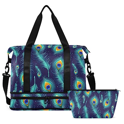 Peacock Feather Travel Duffel Bag for Women Men Gym Bag with Shoe Compartment Wet Pocket Carry On Weekender Overnight Bags for Hospital Gym Travel, Mehrfarbig, Large von MCHIVER