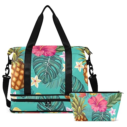 Pineapple Hibiscus Tropical Travel Duffel Bag for Women Men Gym Bag with Shoe Compartment Wet Pocket Carry On Weekender Overnight Bags for Travel Gym Yoga School, Mehrfarbig, Large von MCHIVER