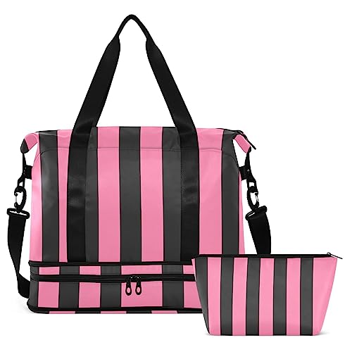 Pink Black Stripes Travel Duffel Bag for Women Men Gym Bag with Shoe Compartment Wet Pocket Carry On Weekender Overnight Bags for Traveling Gym Workout, Mehrfarbig, Large von MCHIVER