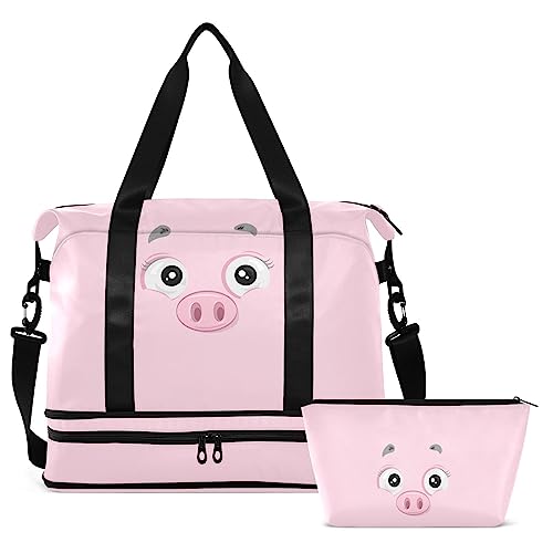 Pink Pig Face Reisetasche für Damen und Herren, Turnbeutel mit Schuhfach, nasse Tasche, Handgepäckbeutel für Wochenendausflüge, Übernachtungstaschen für Reisen, Wochenende, Ausflüge, Mehrfarbig, Large von MCHIVER