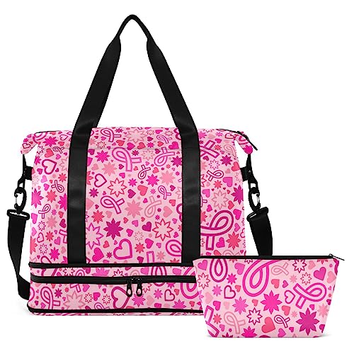 Pink Ribbons Hearts Flowers Travel Duffel Bag for Women Men Gym Bag with Shoe Compartment Wet Pocket Carry On Weekender Overnight Bags for Airline Travel Under Seat, Mehrfarbig, Large von MCHIVER