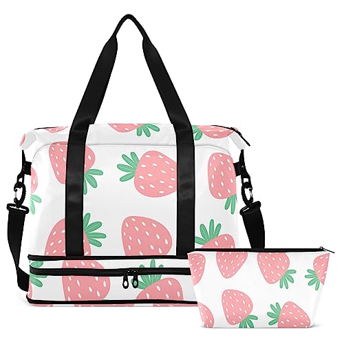 Pink Strawberries Travel Duffel Bag for Women Men Gym Bag with Shoe Compartment Wet Pocket Carry On Weekender Overnight Bags for Travel Hospital Gym, Mehrfarbig, Large von MCHIVER