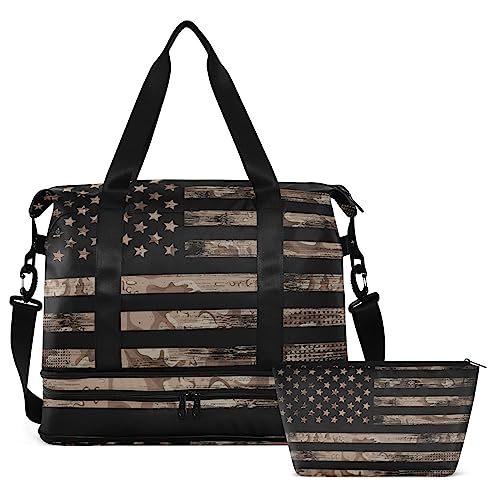 Reisetasche für Damen und Herren, Camouflage-Turnbeutel mit Schuhfach, Nassfach, Handgepäck, Wochenend-Übernachtungstaschen für Yoga, Schule, Reisen, Fitnessstudio, US-Flaggen, Large von MCHIVER