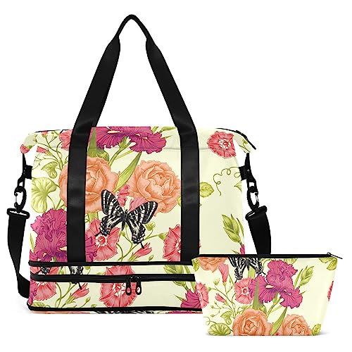 Roses Iris Bindweed Butterflies Travel Duffel Bag for Women Men Gym Bag with Shoe Compartment Wet Pocket Carry On Weekender Overnight Bags for Travel Gym Yoga School, Mehrfarbig, Large von MCHIVER