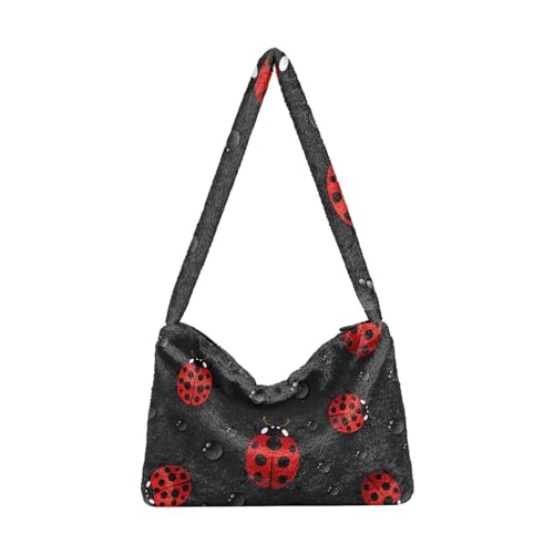 Schwarze Sonnenblumen-Schulter-Tragetaschen für Frauen, pelzige Crossbody-Tasche mit Reißverschluss, Hobo-Handtasche, Geldbörsen für College, Arbeit, Reisen, marienkäfer, Einheitsgröße von MCHIVER