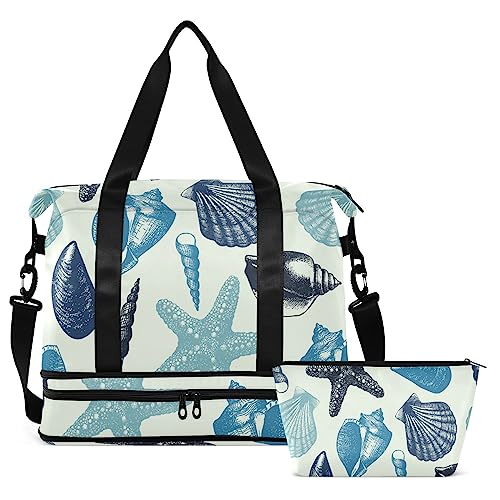 Sea Shell Blue Travel Duffel Bag for Women Men Gym Bag with Shoe Compartment Wet Pocket Carry On Weekender Overnight Bags for Airline Travel Under Seat, Mehrfarbig, Large von MCHIVER