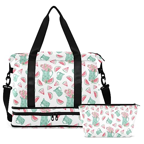 Slices Wassermelone Pfingstrose Blumen Reisetasche für Damen Herren Sporttasche mit Schuhfach Nasstasche Handgepäck Wochenender Übernachtung Taschen für Reisen Krankenhaus Fitnessstudio, Mehrfarbig, von MCHIVER