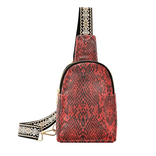 Snake Skin Crossbody Sling Bag for Women Men Leather Chest Bags Purse Adjustable Cross Body Daypack, Schwarz Rot Schlangenhaut von MCHIVER