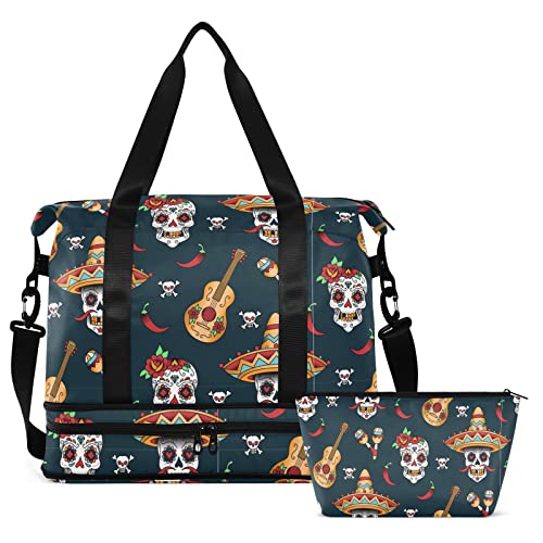 Sugar Skull Chili Peppers Travel Duffel Bag for Women Men Gym Bag with Shoe Compartment Wet Pocket Carry On Weekender Overnight Bags for Travel Weekend Getaway, Mehrfarbig, Large von MCHIVER