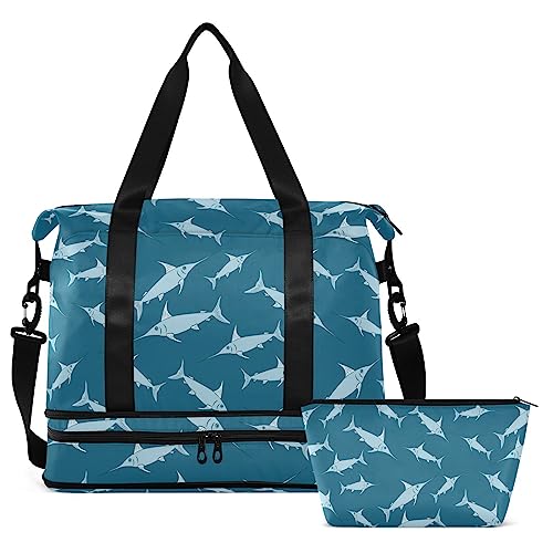 Swordfish Blaue Reisetasche für Damen und Herren, Sporttasche mit Schuhfach, Nassfach, Handgepäck, Wochenend-Übernachtungstaschen für Reisen, Fitnessstudio, Yoga, Schule, Mehrfarbig, Large von MCHIVER