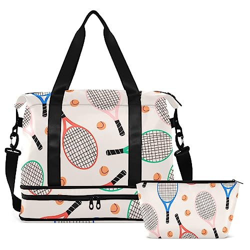 Tennisschläger Bälle Reise Duffel Bag für Damen Herren Turnbeutel mit Schuhfach Nasstasche Handgepäck Wochenender Übernachtung Taschen für Yoga Schule Reise Gym, Mehrfarbig, Large von MCHIVER