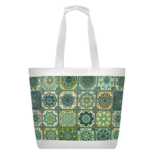 Vintage Mandala Talavera Fliesen Mesh Strandtasche mit Reißverschluss und Taschen Leichte Tragetasche Pooltasche für Handtücher Spielzeug Flip Flops Strandbedarf, mehrfarbig, Large von MCHIVER