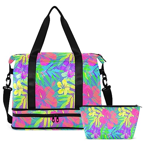 Vivid Tropical Flowers Leaves Travel Duffel Bag for Women Men Gym Bag with Shoe Compartment Wet Pocket Carry On Weekender Overnight Bags for Traveling Gym Workout, Mehrfarbig, Large von MCHIVER