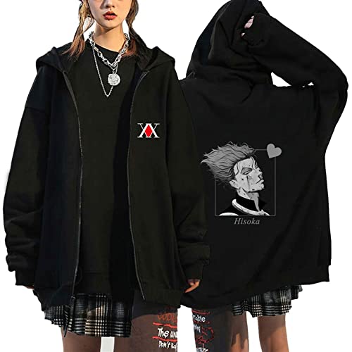 Y2k Clothes Herren Damen Zip-up Hoodie lockerer Kapuzenpullove Top Streetwear Anime Paar-Stil Killua Gon Hisoka Cosplay Stricken Oversize Sweater dunklen Stil Vintage Kleidung ( Color : Schwarz , Size von MCMYCO