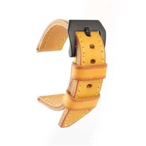 MCNVNEFSAW Echtleder-Uhrenarmband, gelb, handgefertigt, 20 mm, 22 mm, 24 mm, 26 mm, Uhrenarmbänder passend for Panerai Herren-Ersatzarmband Uhrenarmband(Yellow-Black Buckle,20mm) von MCNVNEFSAW