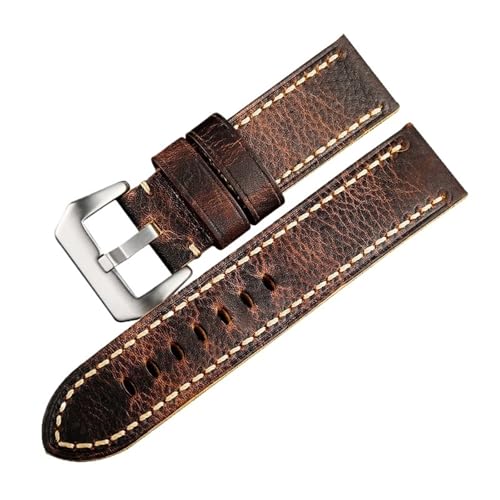 MCNVNEFSAW Handgefaltetes Rindslederarmband passend for PAM111 20 22 24 26MM Herren-Rohlederarmband im verfärbten Braun im Retro-Stil Uhrenarmband(A Silver buckle,26MM) von MCNVNEFSAW