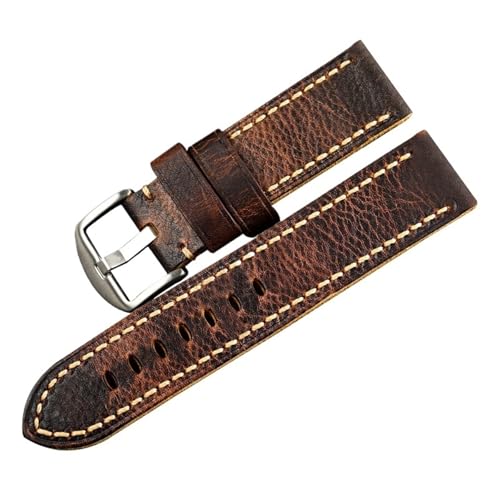 MCNVNEFSAW Handgefaltetes Rindslederarmband passend for PAM111 20 22 24 26MM Herren-Rohlederarmband im verfärbten Braun im Retro-Stil Uhrenarmband(B Silver buckle,22mm) von MCNVNEFSAW