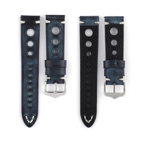 MCNVNEFSAW Handgefertigtes Uhrenarmband aus echtem Leder, 20 mm, 22 mm, 24 mm, Vintage, erste Schicht, Rindsleder, Ersatzarmband for Herren Uhrenarmband(Blue,20mm) von MCNVNEFSAW