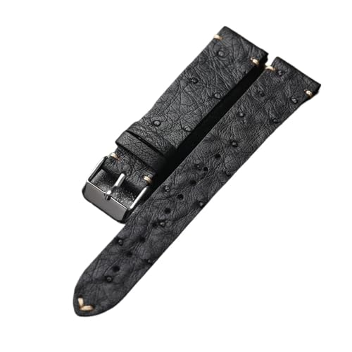 MCNVNEFSAW Handgefertigtes ultradünnes Uhrenarmband aus Straußenleder 18 19 20 21 22 MM Schwarzes Herren-Softband im Vintage-Stil Uhrenarmband(Silver Buckle,21mm) von MCNVNEFSAW