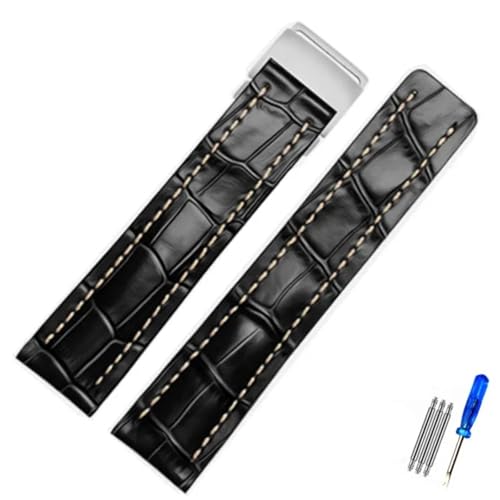 MCNVNEFSAW Passend for Breitling Strap Italien Echtleder Uhrenarmband Premier B01 Colt Chronograph Avenger AVIATOR 8 316L Schnalle Logo 22 24mm Verschluss(A-Black,24mmSilver Buckle) von MCNVNEFSAW