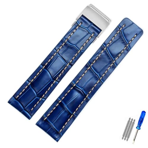 MCNVNEFSAW Passend for Breitling Strap Italien Echtleder Uhrenarmband Premier B01 Colt Chronograph Avenger AVIATOR 8 316L Schnalle Logo 22 24mm Verschluss(Blue,24mmNO Buckle) von MCNVNEFSAW