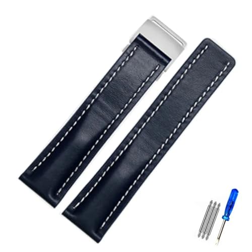 MCNVNEFSAW Passend for Breitling Strap Italien Echtleder Uhrenarmband Premier B01 Colt Chronograph Avenger AVIATOR 8 316L Schnalle Logo 22 24mm Verschluss(Dark blue,24mmNO Buckle) von MCNVNEFSAW