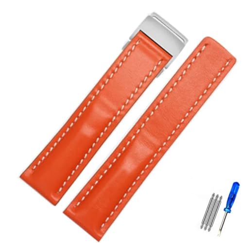 MCNVNEFSAW Passend for Breitling Strap Italien Echtleder Uhrenarmband Premier B01 Colt Chronograph Avenger AVIATOR 8 316L Schnalle Logo 22 24mm Verschluss(Orange,24mmSilver Buckle) von MCNVNEFSAW