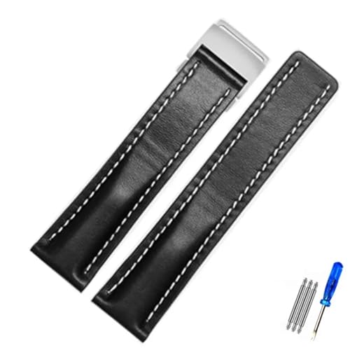 MCNVNEFSAW Passend for Breitling Strap Italien Echtleder Uhrenarmband Premier B01 Colt Chronograph Avenger AVIATOR 8 316L Schnalle Logo 22 24mm Verschluss(schwarz,24mmSilver Buckle) von MCNVNEFSAW