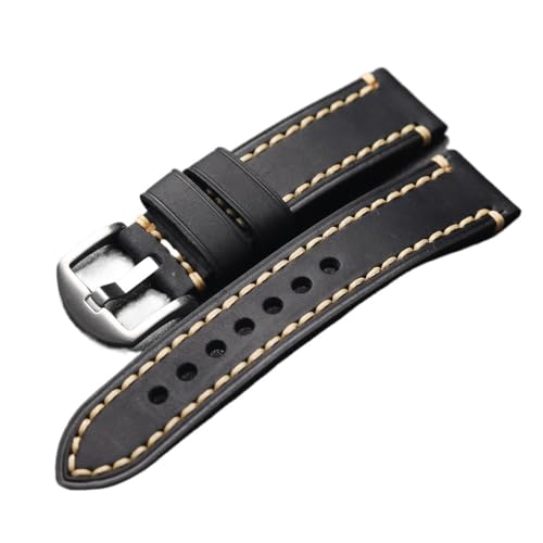 MCNVNEFSAW Vintage Gebürstetes braun-schwarzes Rindslederarmband 18 mm 20 mm 21 mm 22 mm 23 mm 24 mm 26 mm weiches Lederarmband Uhrenarmband(Black sliver buckle,24mm) von MCNVNEFSAW