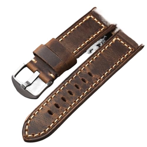 MCNVNEFSAW Vintage Herren Lederarmband Öliges Vintage Erste Schicht Rindsleder 20 21 22 23 24MM Anpassungsfähiges Bronze Uhrenarmband Verdickt Uhrenarmband(Silver clasp,22mm) von MCNVNEFSAW