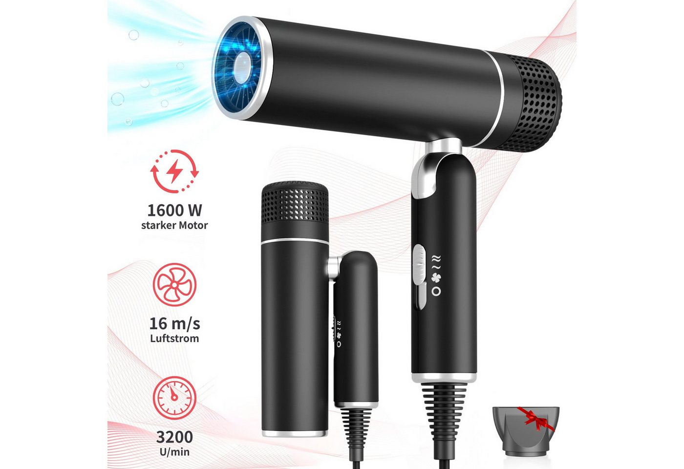 MCURO Haartrockner Leicht & Kompakt Faltbarer Haartrockner, 1600,00 W, Reisehaartrockner, 2 Geschwindigkeitsstufen, 3 Temperatur-Modi mit Stylingdüse von MCURO