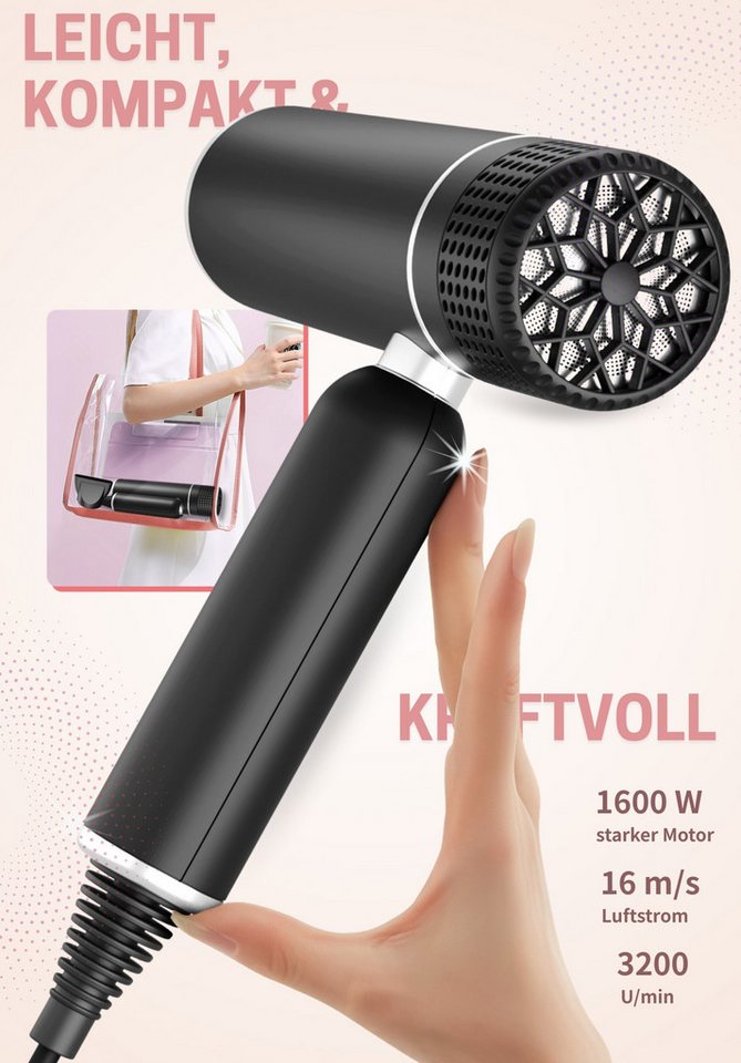 MCURO Ionic-Haartrockner Kompakter Ionen Föhn mit Tasche, 1600 W, Konzentrator Düse & Diffusor-Option, Haartrockner leicht & kompakt, für Reise, Fitness oder Büro von MCURO
