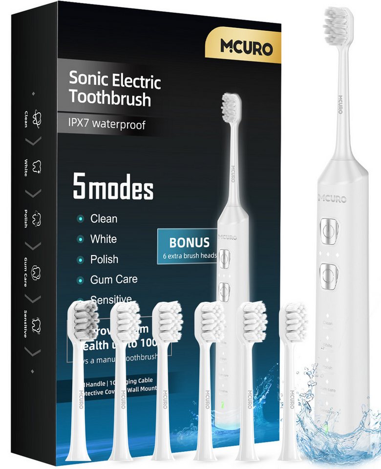 MCURO Schallzahnbürste Elektrische Zahnbürste mit Schalltechnologie 40000VPM UIltraschall, Aufsteckbürsten: 6 St., für Erwachsene und Kinder, 5 Zahnputz-Modi,Putzdauer-Erinnerung, Wasserdicht von MCURO
